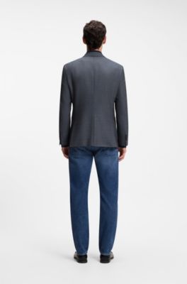 Regular-fit jacket in herringbone cotton and virgin wool, Dark Blue