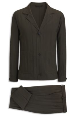 Two-piece slim-fit suit in wool-blend seersucker, Dark Green