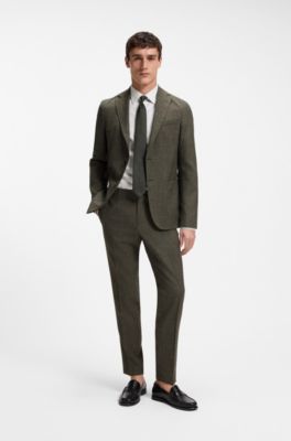 Slim-fit trousers in virgin wool and linen, Dark Green