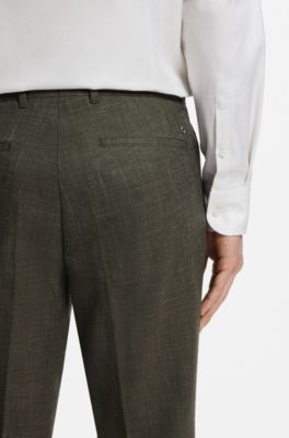 Slim-fit trousers in virgin wool and linen, Dark Green