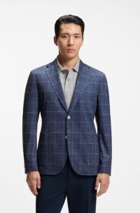 Slim-fit colbert van geruite stretchjersey, Blauw met dessin