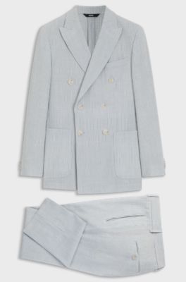 Two-piece slim-fit suit in stretch seersucker fabric, Light Blue Stripes