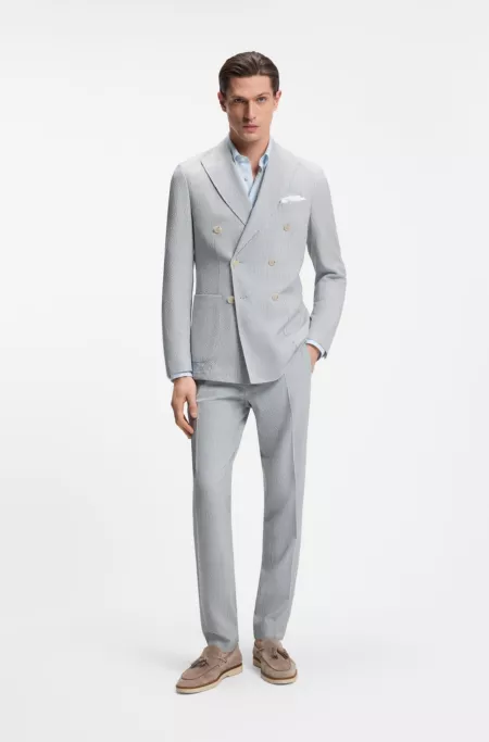 Two-piece slim-fit suit in stretch seersucker fabric