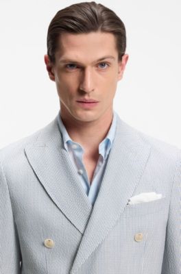 Costume deux pi&egrave;ces Slim en tissu stretch seersucker, Rayures bleu clair