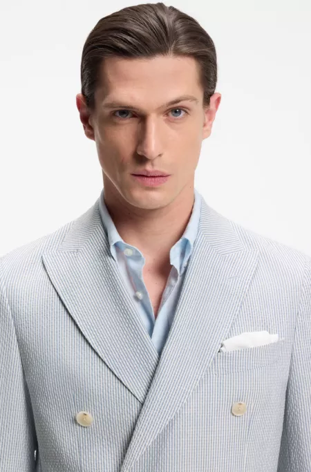 Two-piece slim-fit suit in stretch seersucker fabric