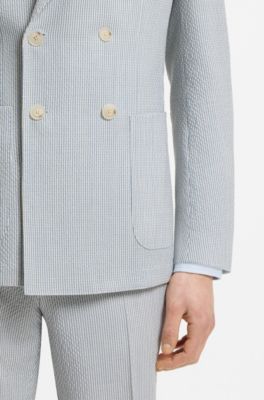 Two-piece slim-fit suit in stretch seersucker fabric, Light Blue stripes