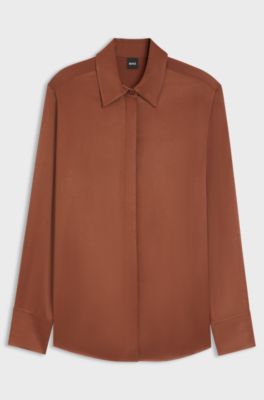 Regular-fit blouse in soft, shiny fabric, Brown