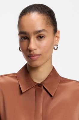 Regular-fit blouse in soft, shiny fabric, Brown