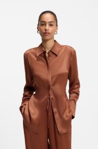 Regular-fit blouse in soft, shiny fabric, Brown