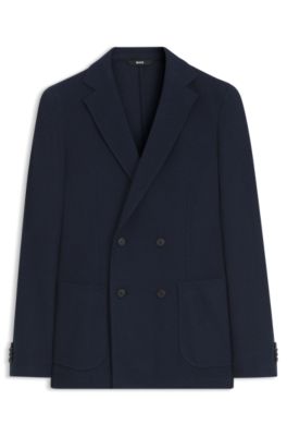 Double-breasted slim-fit blazer in patterned cotton, Dark Blue