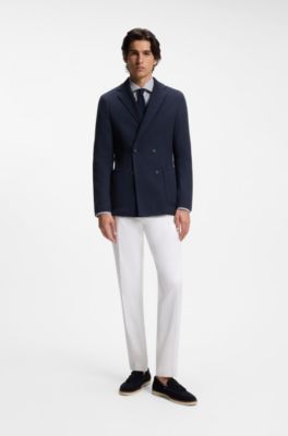 Double-breasted slim-fit blazer in patterned cotton, Dark Blue