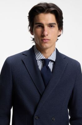 Double-breasted slim-fit blazer in patterned cotton, Dark Blue