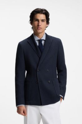 Double-breasted slim-fit blazer in patterned cotton, Dark Blue