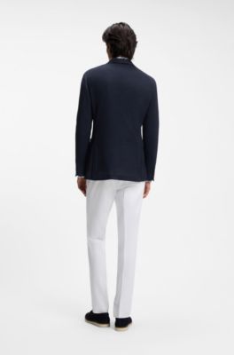 Double-breasted slim-fit blazer in patterned cotton, Dark Blue