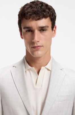 Slim-fit blazer in checked virgin wool and cotton, Natural