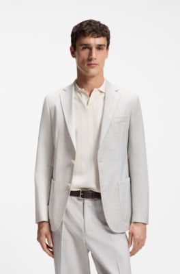 Slim-fit blazer in checked virgin wool and cotton, Natural