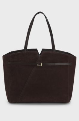BOSS Revers tote bag in suede with belt detail, Dark Brown