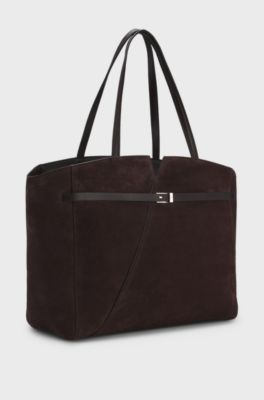 BOSS REVERS tote bag in suede with belt detail, Dark Brown