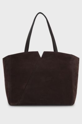 Borsa tote BOSS Revers in pelle scamosciata con dettaglio cintura, Marrone scuro