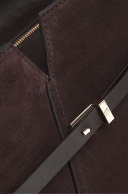 Borsa tote BOSS Revers in pelle scamosciata con dettaglio cintura, Marrone scuro