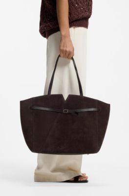 BOSS Revers tote bag in suede with belt detail, Dark Brown
