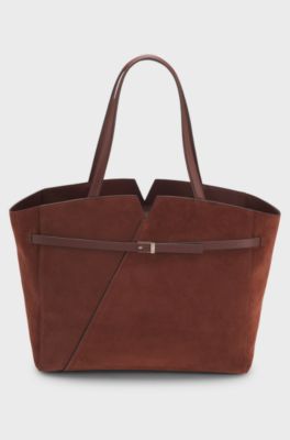 BOSS Revers tote bag in suede with belt detail, Brown