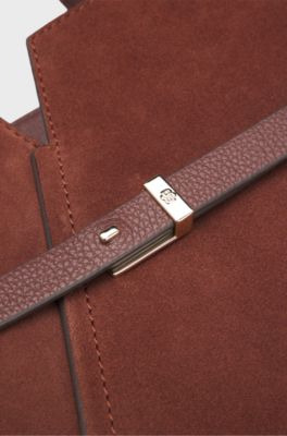 BOSS REVERS tote bag in suede with belt detail, Brown