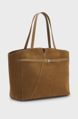 BOSS Revers tote bag in suede with belt detail, Beige