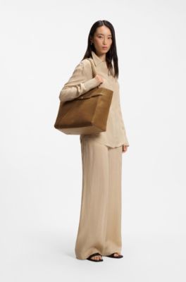 BOSS Revers tote bag in suede with belt detail, Beige