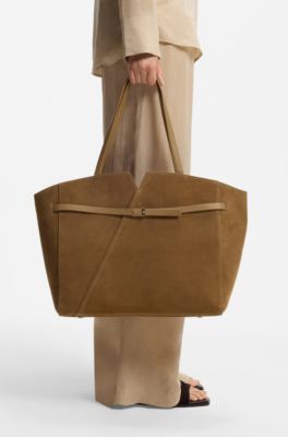 BOSS Revers tote bag in suede with belt detail, Beige