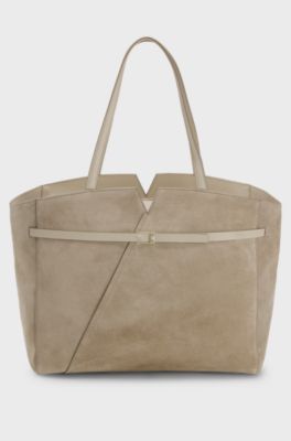 BOSS Revers tote bag in suede with belt detail, Light Beige