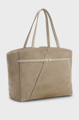 BOSS Revers tote bag in suede with belt detail, Light Beige