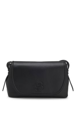 Grained faux-leather crossbody bag with Double B monogram, Black