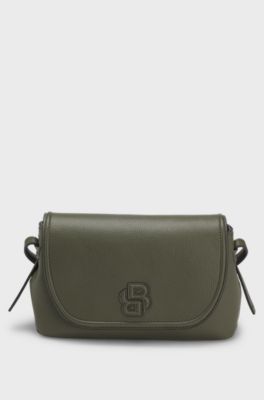Grained faux-leather crossbody bag with Double B monogram, Dark Green