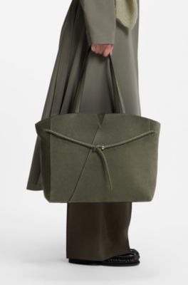 BOSS Revers tote bag in suede with braided belt, Dark Green