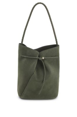 BOSS Revers bucket bag in suede with braided belt, Dark Green