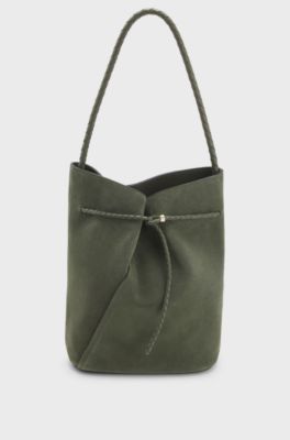 BOSS Revers bucket bag in suede with braided belt, Dark Green