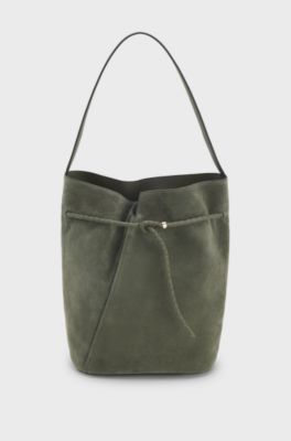 BOSS Revers bucket bag in suede with braided belt, Dark Green