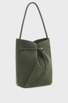 BOSS Revers bucket bag in suede with braided belt, Dark Green