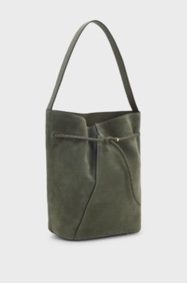 BOSS Revers bucket bag in suede with braided belt, Dark Green