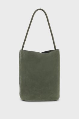 BOSS Revers bucket bag in suede with braided belt, Dark Green
