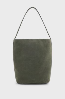 BOSS Revers bucket bag in suede with braided belt, Dark Green