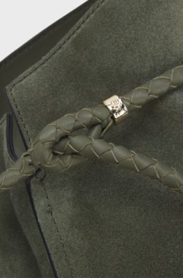 BOSS Revers bucket bag in suede with braided belt, Dark Green