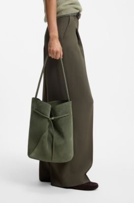 BOSS Revers bucket bag in suede with braided belt, Dark Green