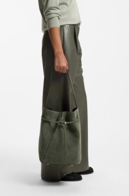 BOSS Revers bucket bag in suede with braided belt, Dark Green