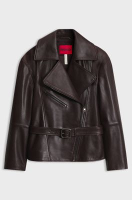 Oversize-fit nappa leather jacket with belt, Brown