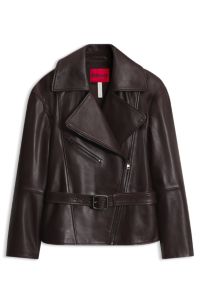 Oversize-fit nappa leather jacket with belt, Brown