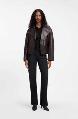 Oversize-fit nappa leather jacket with belt, Brown
