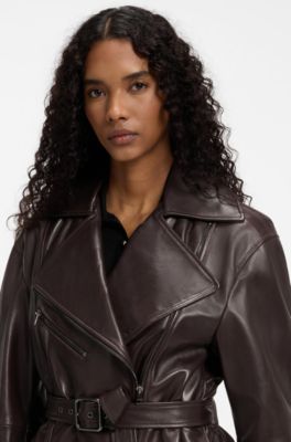 Oversize-fit nappa leather jacket with belt, Brown