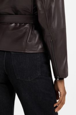 Oversize-fit nappa leather jacket with belt, Brown